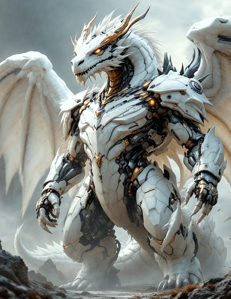 The primary subject of the image is a white dragon with a gold and black head, standing in front of a cloudy sky. The dragon appears to be a futuristic robotic creature, with a mix of organic and mechanical elements. The setting is a dark, cloudy sky, which adds to the overall mood of the image. The visual style is a combination of digital art and illustration, creating a unique and intriguing scene.